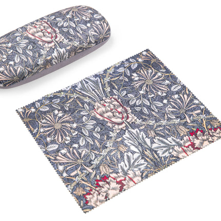 Akinių dėklas su akinių valymo servetėle, William Morris pilkas gėlių motyvas, pirmas planas, dovanų idėjos mamai, močiutei