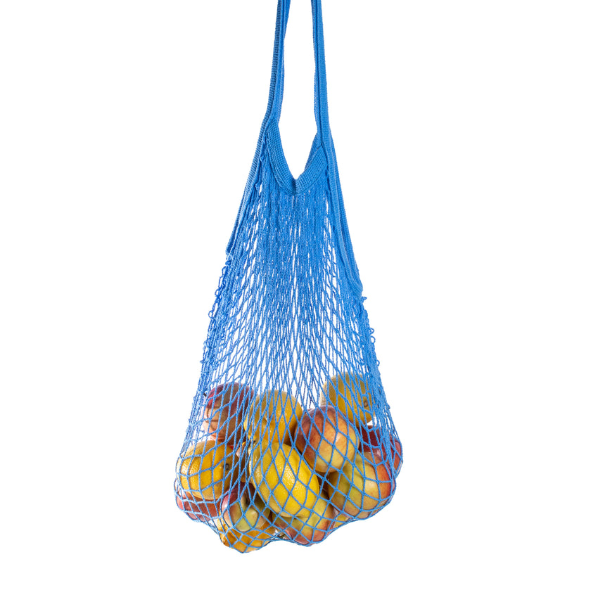 Rezginė sietka pirkinių krepšys mėlynos spalvos, su vaisiais viduje, dovanų idėjos, mados aksesuarai moterims