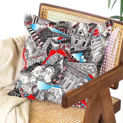 Dekoratyvinė pagalvėlė Aušra Čapskytė Pabučiavimas. Linkėjimai iš Vilniaus, priekis, Lietuvos menininkų kolekcija,stilingi namų interjero detalės aksesuarai