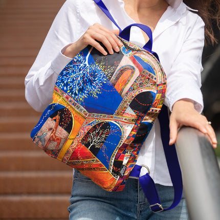 Stilingos kuprinės moterims Aušra Čapskytė Oranžinis miestas, priekis, Lietuvos menininkų kolekcija, moteriški mados aksesuarai