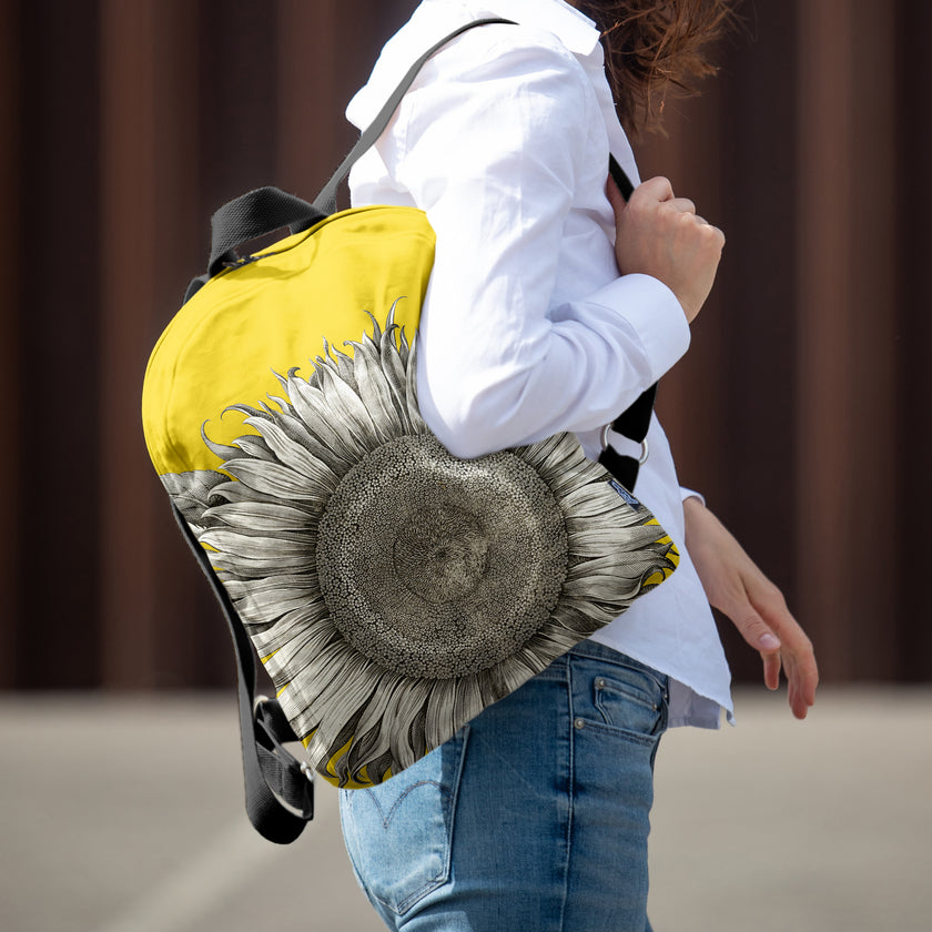 Stilingos spalvingos kuprinės su saulėgrąža rudens sezonui madingi aksesuarai moterims