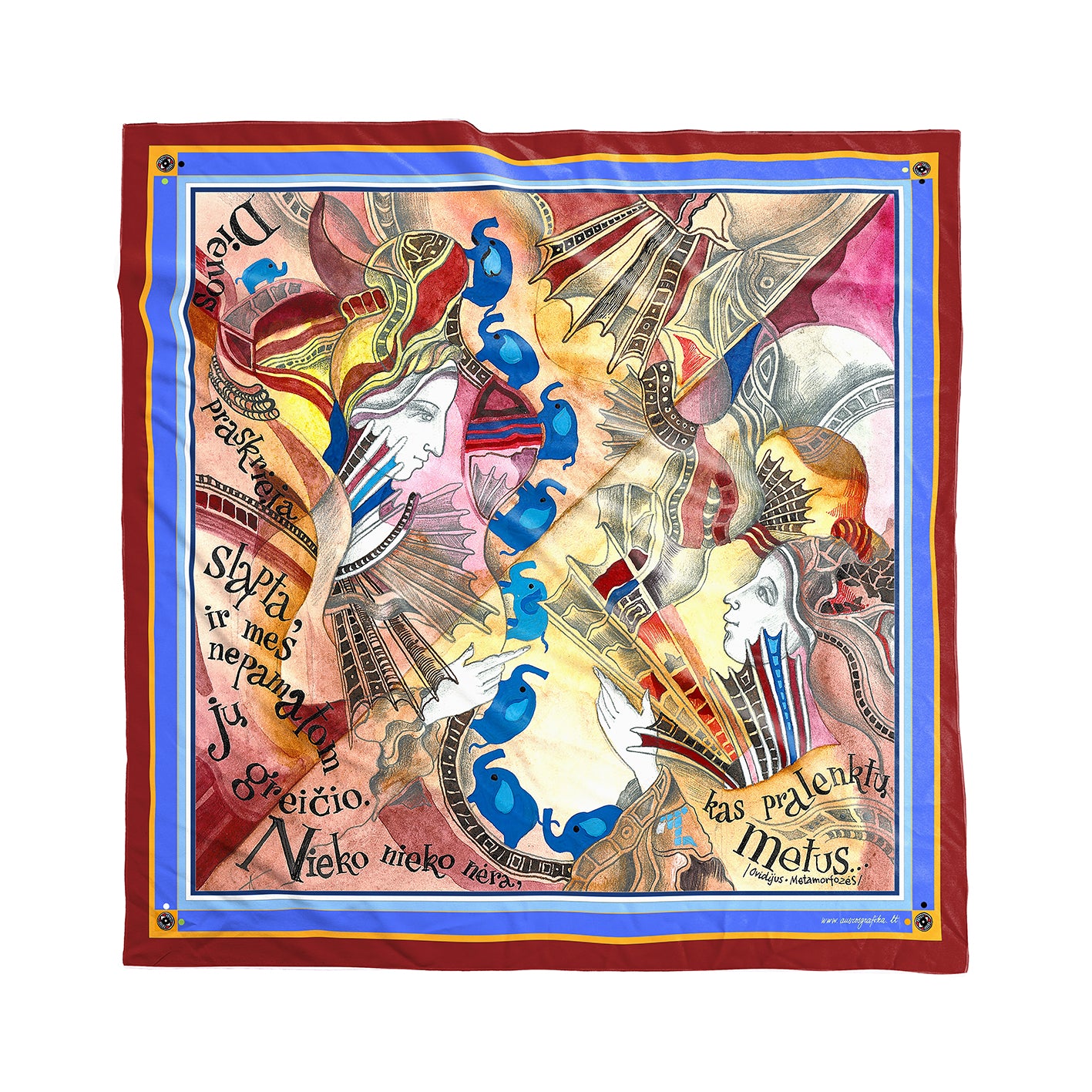 Skarelės ant kaklo moterims Aušra Čapskytė Dramblių kelionė, Lietuvos menininkų kolekcija,stilingi mados aksesuarai 2023