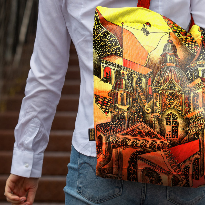 Pirkinių krepšys moterims Aušra Čapskytė Lilės miestas, detalė, Lietuvos menininkų kolekcija, moteriški mados aksesuarai