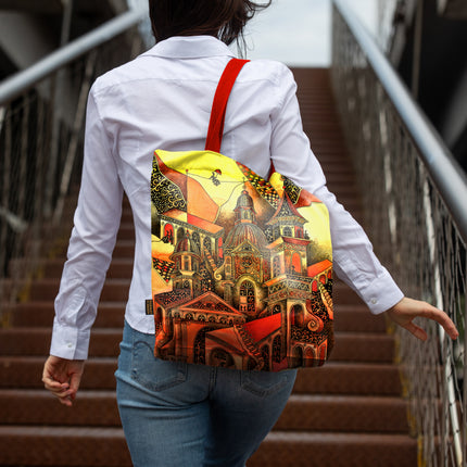 Pirkinių krepšys moterims Aušra Čapskytė Lilės miestas, priekis, Lietuvos menininkų kolekcija, moteriški mados aksesuarai