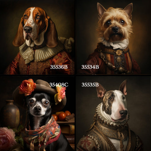 Renesanso laikų šunų portretai apsirengusių žmogaus drabužius