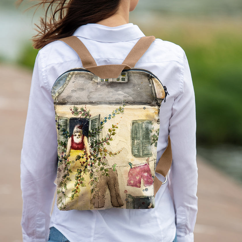 Stilingos kuprinės moterims, Theresa van Cherry langas, kuprinė su piešiniu, dovanų idėjos, madingi moteriški aksesuarai