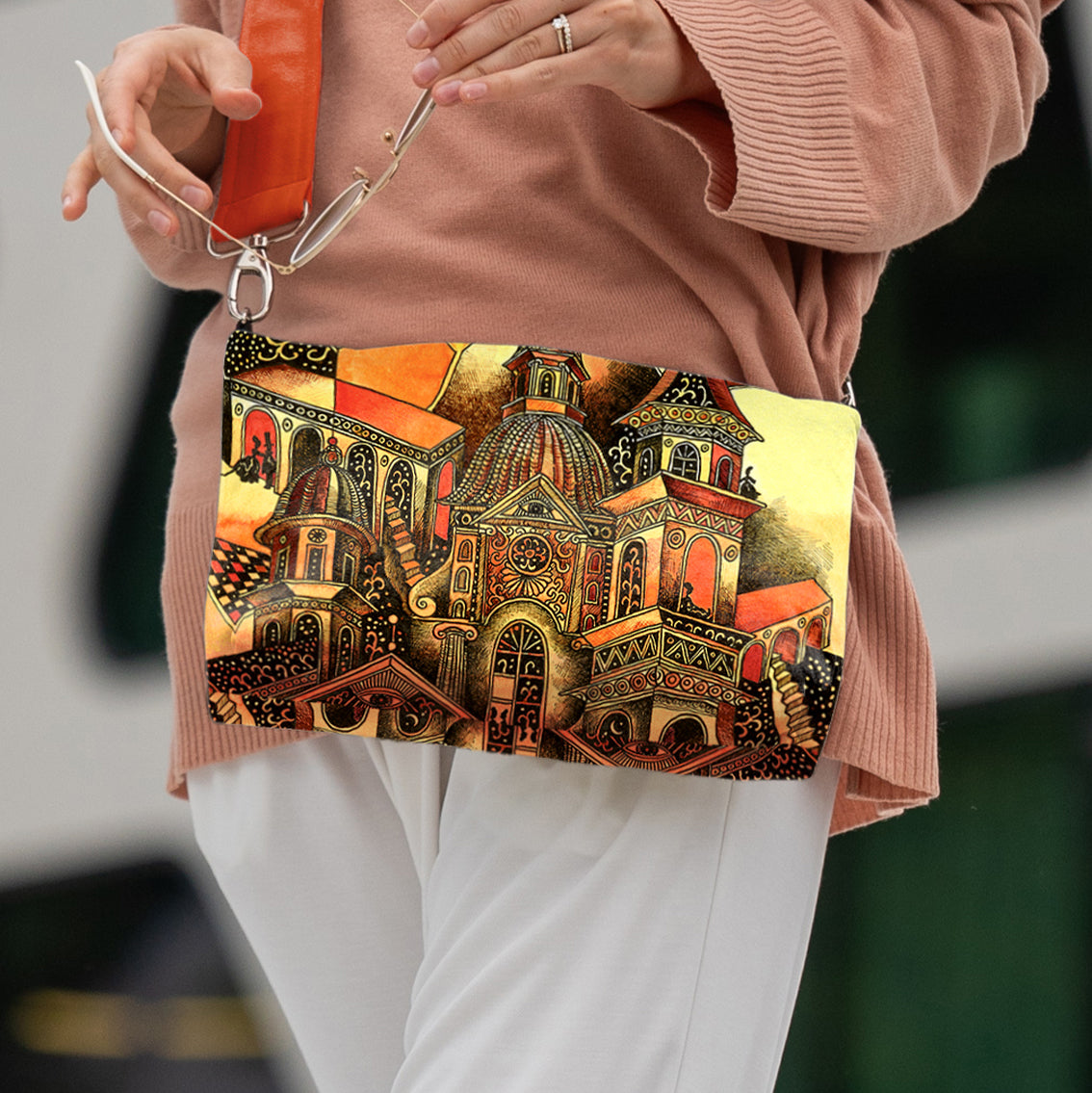 Kosmetikos Kosmetinė rankinė Aušra Čapskytė Lilės miestas, ant žmogaus, Lietuvos menininkų kolekcija,stilingi mados aksesuarai moterims