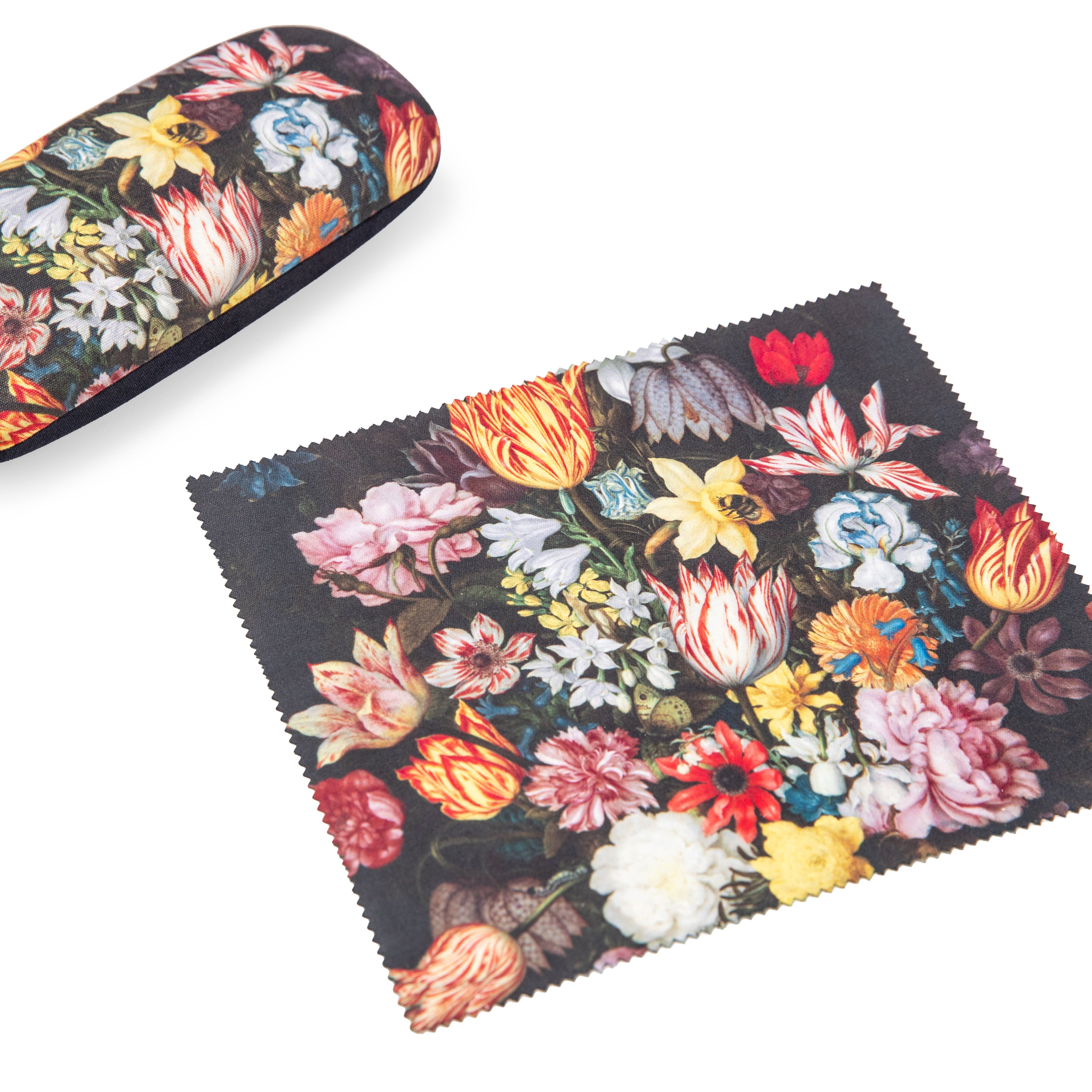 Akinių dėklas su akinių valymo servetėle, Ambrosius Bosschaert spalvotų gėlių natiurmortas, pirmas planas, dovanų idėjos mamai, močiutei