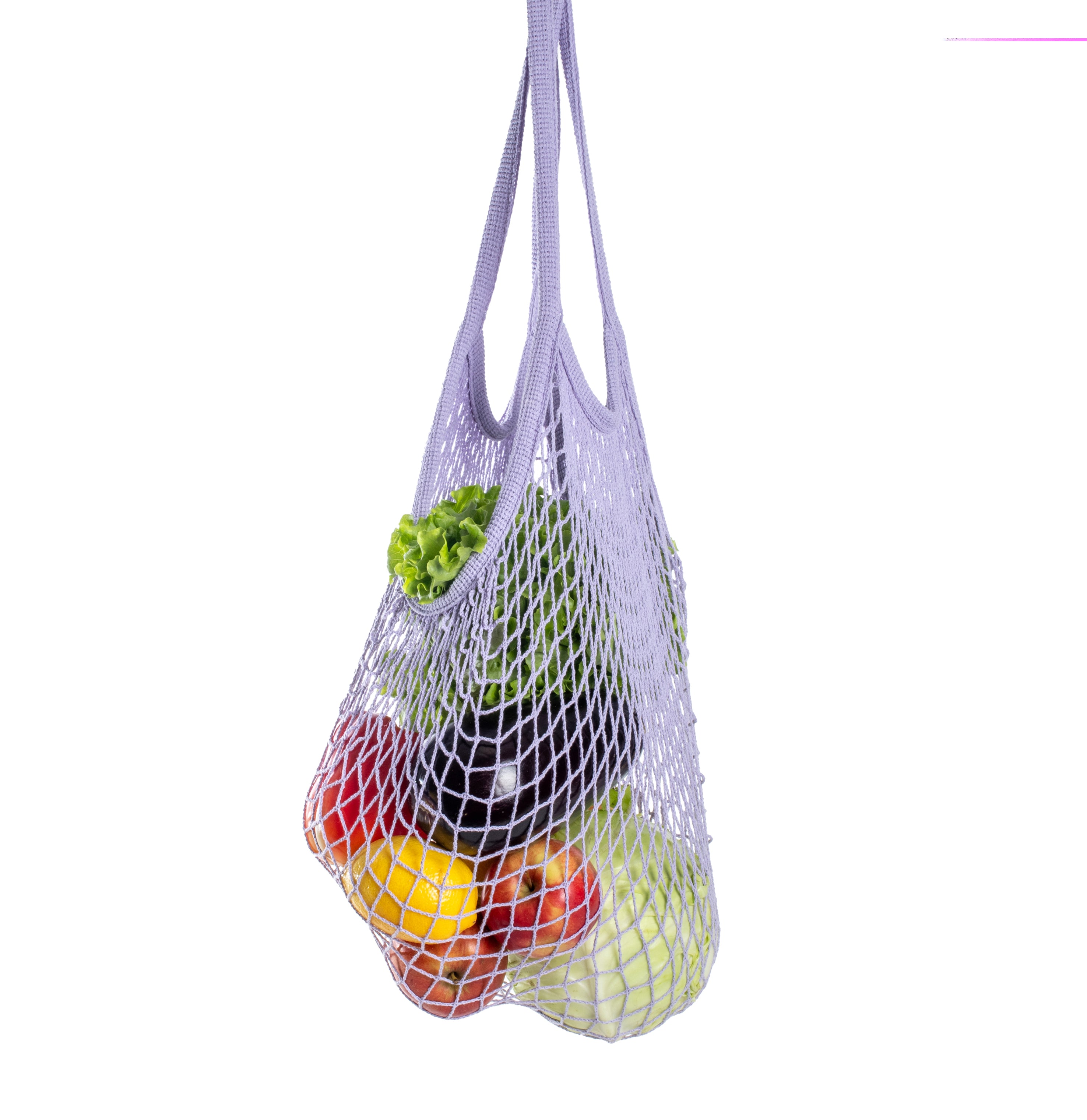 Rezginė sietka pirkinių krepšys alyvų spalvos, su vaisiais viduje, dovanų idėjos, mados aksesuarai moterims