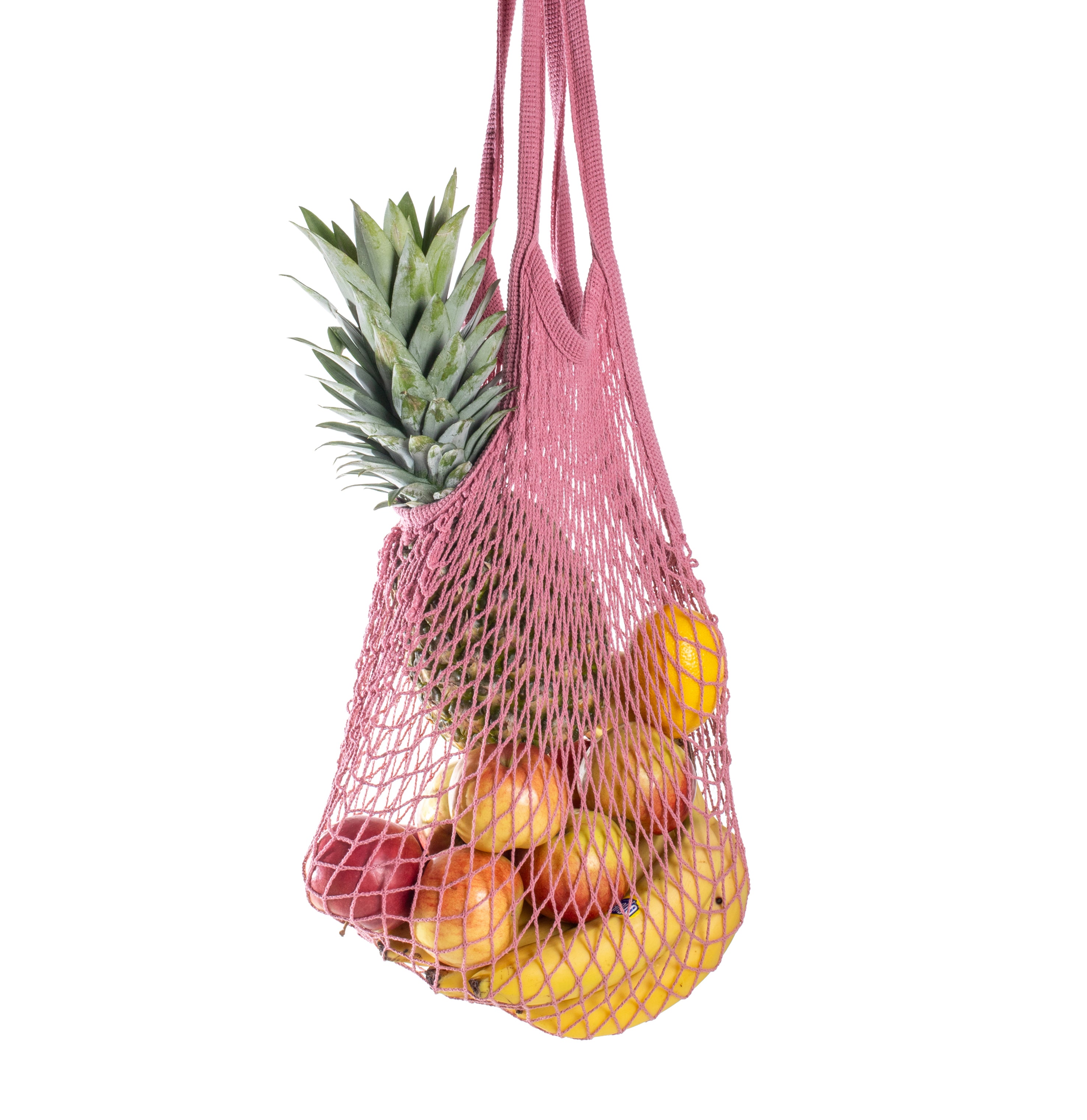 Rezginė sietka pirkinių krepšys rausvos spalvos, su vaisiais viduje, dovanų idėjos, mados aksesuarai moterims