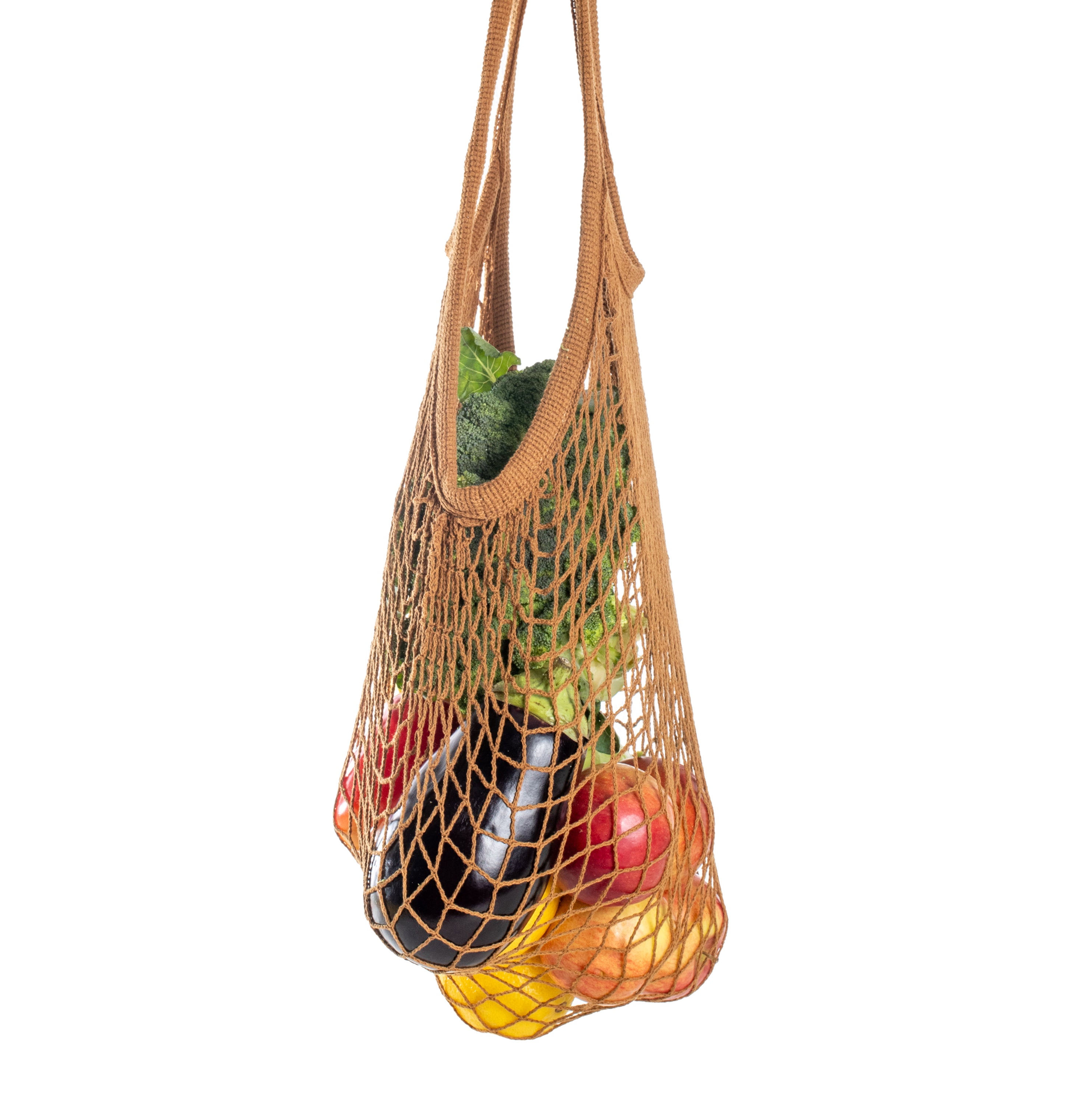 Rezginė sietka pirkinių krepšys rudos spalvos, su vaisiais viduje, dovanų idėjos, mados aksesuarai moterims