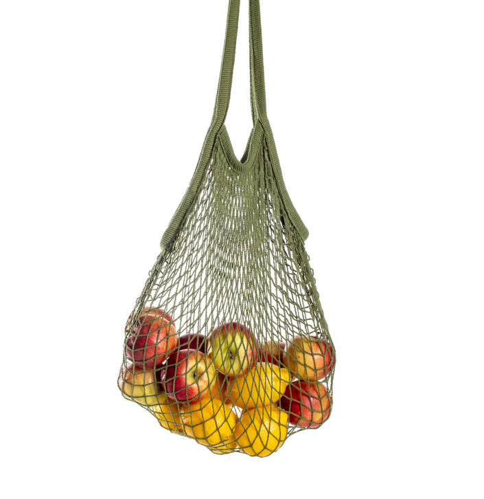 Rezginė sietka pirkinių krepšys samanų spalvos, su vaisiais viduje, dovanų idėjos, mados aksesuarai moterims