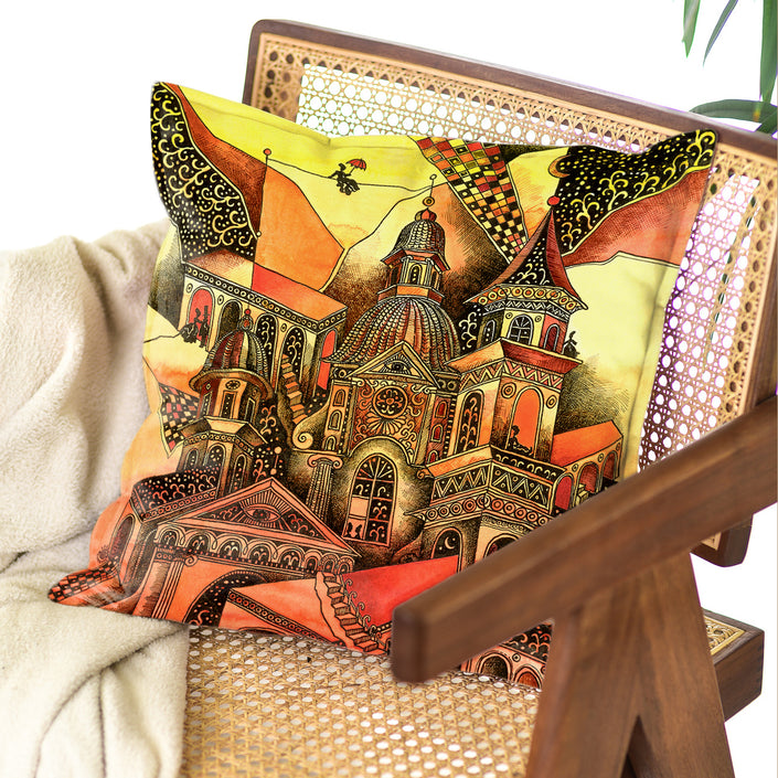 Dekoratyvinė pagalvėlė Aušra Čapskytė Lilės miestas, priekis, Lietuvos menininkų kolekcija,stilingi namų interjėro detalės aksesuarai