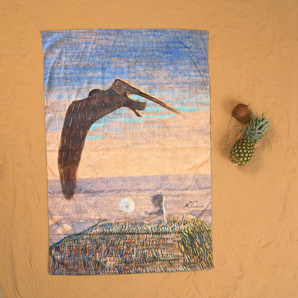 Paplūdimio didelis rankšluostis, Čiurlionis pasaka, foto ant smėlio